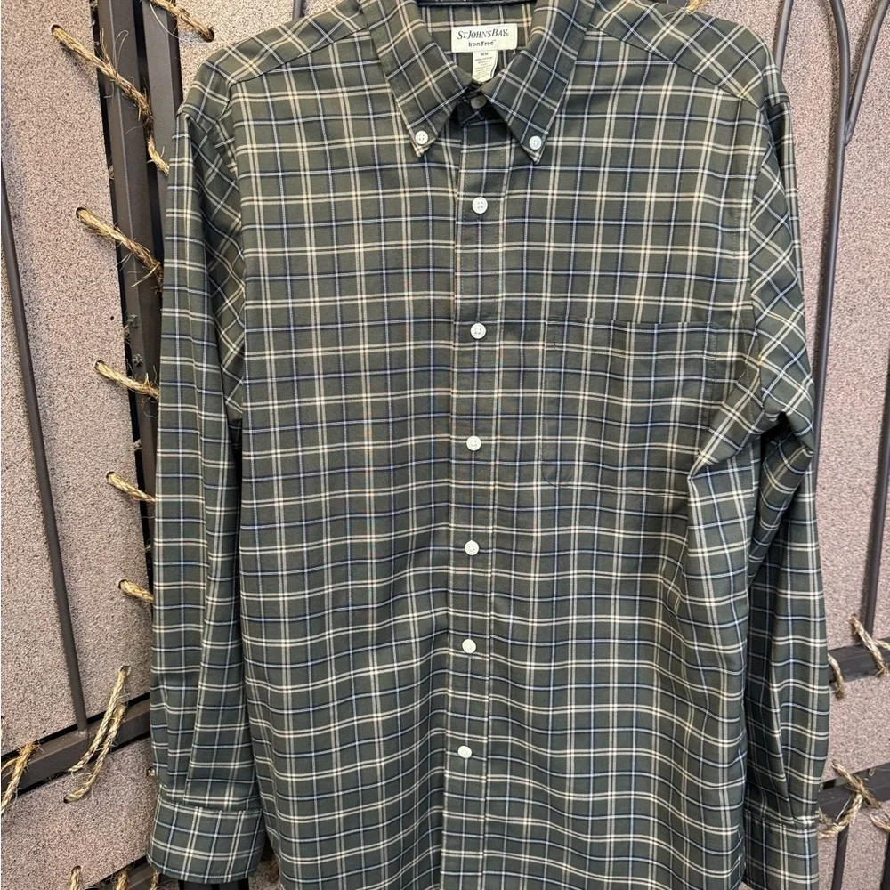 St. John's Bay Green and Gray Plaid Button-Down Shirt